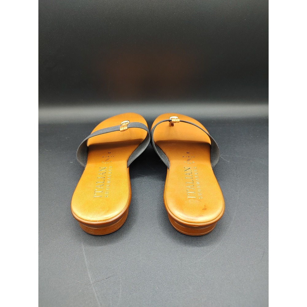 Italian Shoemakers Womens Black Tan Elastic Thong Slide Sandals Made in Italy 8 - Picture 4 of 7